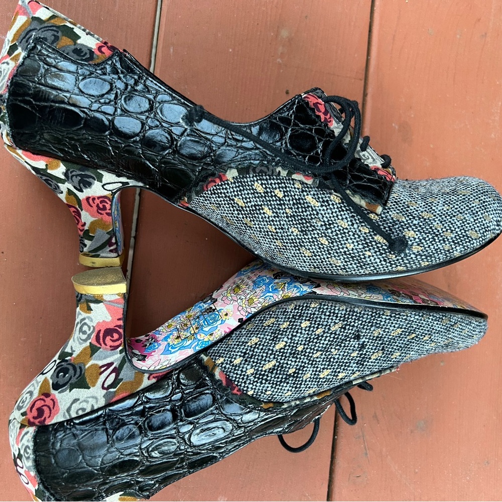 Black Croc-Texture and Floral Lace-Up Heels